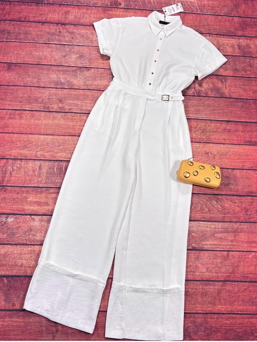 Zara White Short-Sleeve Belted Wide-Leg Jumpsuit